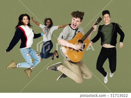 Young Adult People Jumping with Guitar Studio Portrait Young Adult People Jumping with Guitar Studio Portrait 31713022