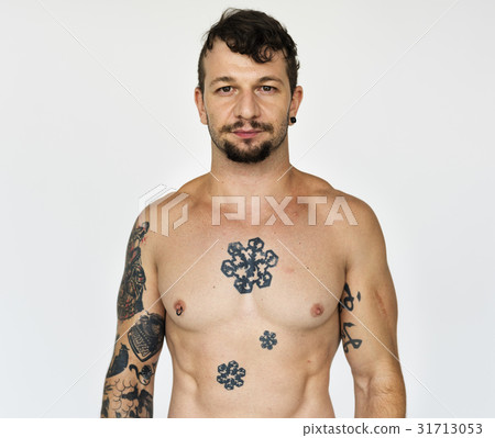 Shirtless guy with tattoo on white background 31713053