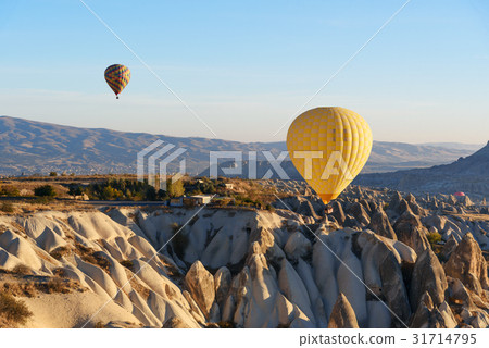 Hot air balloons flying over valley in the morning 31714795