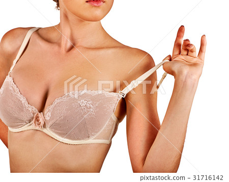 Breast self exam of women. Woman wear bra. 31716142