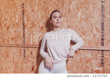 girl in a white T-shirt with big breasts Stock Photo