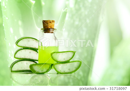 Cut Aloe Vera leaves and Aloe Vera products. 31718097