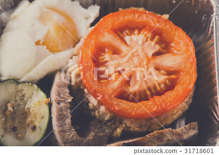 Healthy food in boxes, diet concept. Steamed veal Healthy food in boxes, diet concept. Steamed veal 31718601