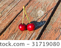 Two cherries are on a wooden table 31719080