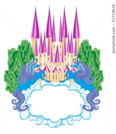 Fairytale frame with magic castle and unicorns 31719628