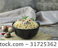 instant noodles in bowl on wood with vegetable. 31725362