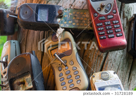 Broken old mobile phones nailed to tree 31728189