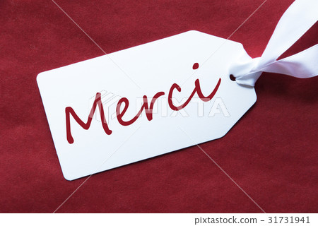 One Label On Red Background, Merci Means Thank You 31731941