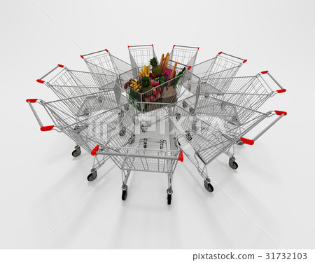 Full Shopping Cart In The Center Of Empty Shopping 31732103