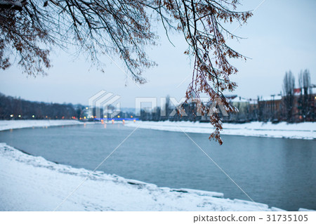 Night view of snow-covered embankment Night view of snow-covered embankment 31735105