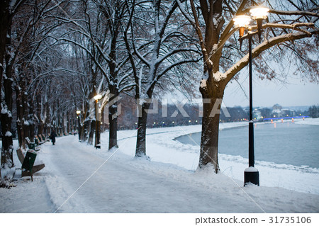 Night view of snow-covered embankment 31735106