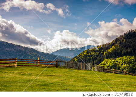 fence through the grassy meadow in mountains fence through the grassy meadow in mountains 31749038