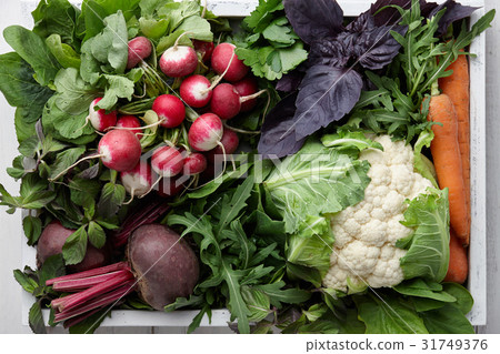 Fresh vegetables and herbs in wooden box 31749376