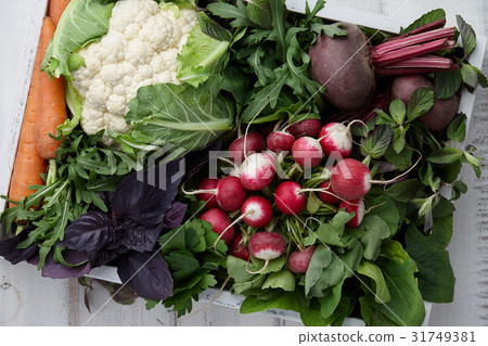 Fresh vegetables and herbs in wooden box Fresh vegetables and herbs in wooden box 31749381