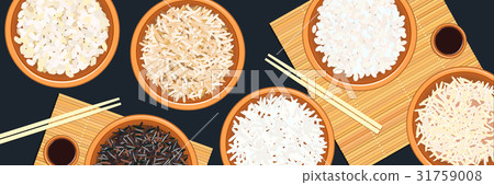 Banner with different types of rice in bowls 31759008