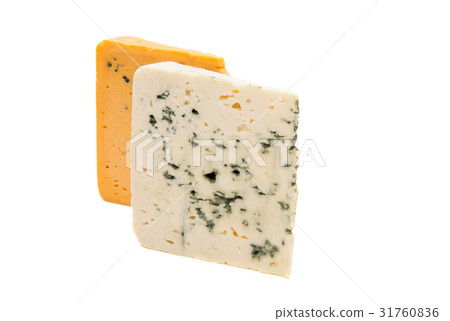 Slice of soft blue cheese with mold isolated Slice of soft blue cheese with mold isolated 31760836