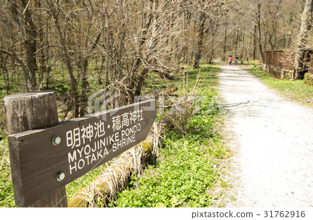 Kamikochi方向Mingokei地區的信息標誌在Chubu山國家公園 Kamikochi方向Mingokei地區的信息標誌在Chubu山國家公園 31762916