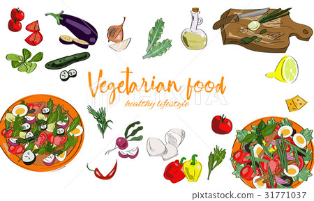 插圖素材: hand drawn vegetarian food background with dishes.