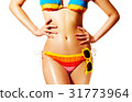 Colorful bikini and sunglasses. body care. 31773964