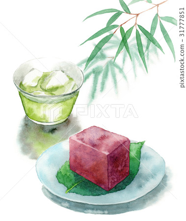 Analog watercolor cold green tea and water yokan 31777851