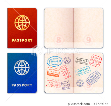 Realistic passport with stamp imprints on white 31779136