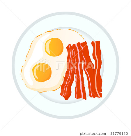 Bright fried eggs with bacon, breakfast on white 31779150