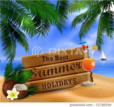 summer wooden sign on tropical beach background 31780509