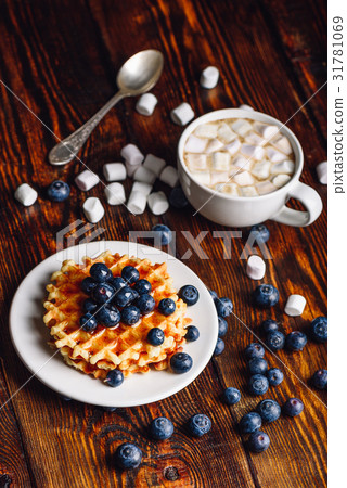 图库照片: waffles with blueberry and hot chocolate.
