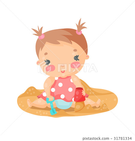 Cute cartoon baby girl playing with sand colorful Cute cartoon baby girl playing with sand colorful 31781334