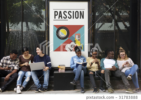 Group of people listening to leisure music activity Group of people listening to leisure music activity 31783888