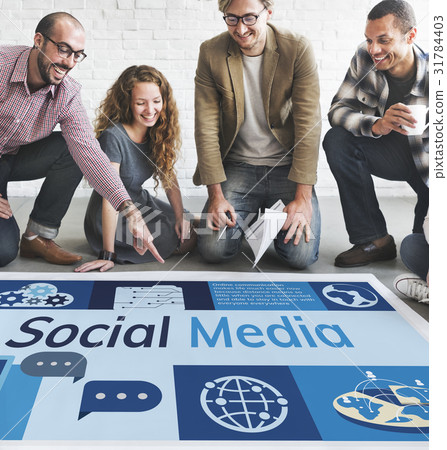 Workers working on banner network graphic overlay on floor 31784403