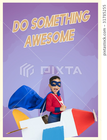 Superhero kid boy with paper plane toy and aspiration word graphic Superhero kid boy with paper plane toy and aspiration word graphic 31785255
