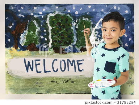 Children painting home winter drawing Children painting home winter drawing 31785284