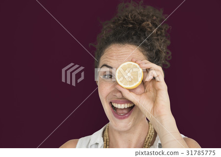 Woman Smiling Happiness Cover Eye Playful Lemon Portrait 31785775