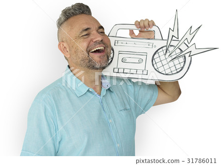 Caucasian Man Holding Paper Crafted Jukebox Caucasian Man Holding Paper Crafted Jukebox 31786011