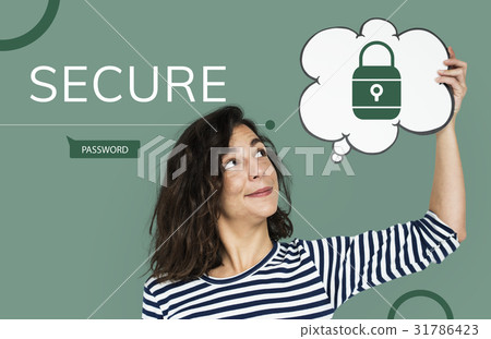 Woman with illustration of computer security system Woman with illustration of computer security system 31786423