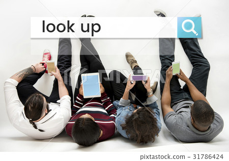 People working on digital device network graphic People working on digital device network graphic 31786424