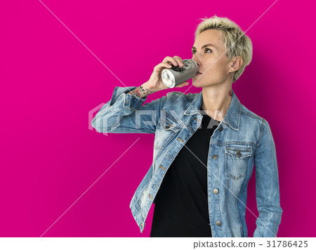 Adult Woman Drinking Beverage from Can Adult Woman Drinking Beverage from Can 31786425