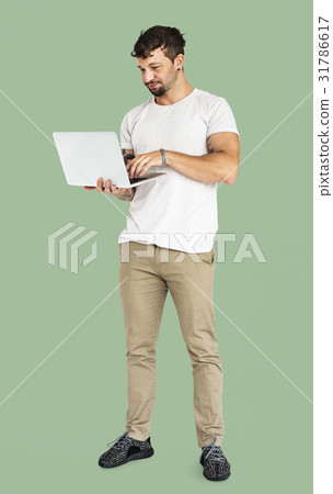 Adult Man Using Laptop Device Studio Portrait 31786617