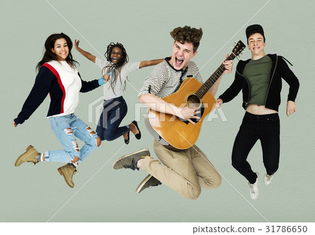 Young Adult People Jumping with Guitar Studio Portrait Young Adult People Jumping with Guitar Studio Portrait 31786650