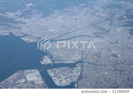 從天空看愛瀨灣的城市和港口，愛知縣豐橋市，豐川市 31786897
