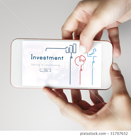 Hands working on digital device network graphic overlay 31787632