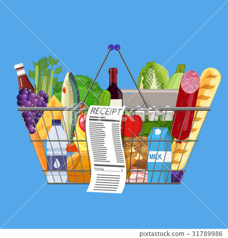 Plastic shopping basket full of groceries products 31789986