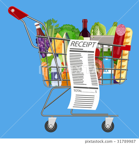 Plastic shopping basket full of groceries products 31789987