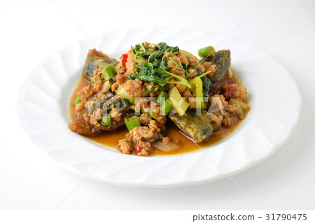 stir fired minced pork with basil  preserved egg. stir fired minced pork with basil  preserved egg. 31790475