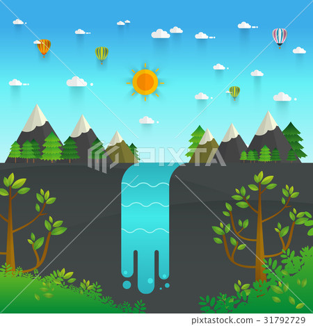 Landscape illustration. Mountain river, waterfall 31792729