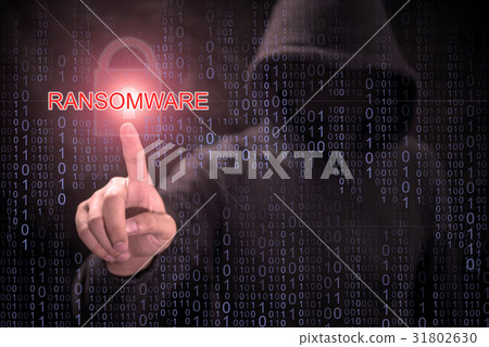 Hacker pointing in ransomware attack concept 31802630