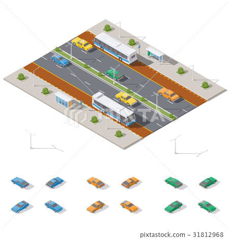 Bus stop and two way road isometric icon set Bus stop and two way road isometric icon set 31812968