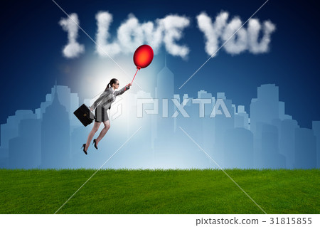 Woman flying balloons in romantic concept 31815855