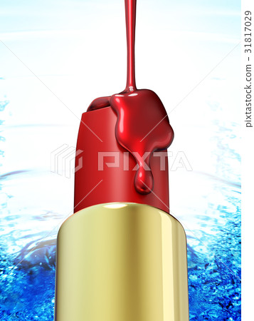 Red lipstick and nail polish on blue water Red lipstick and nail polish on blue water 31817029
